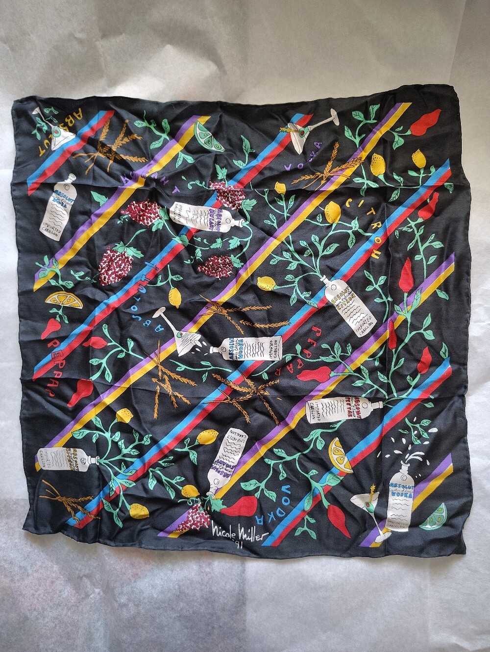 VTG 1991 Nicole Miller x Absolut Vodka Silk Square Scarf 16 x 16 Martini Novelty
